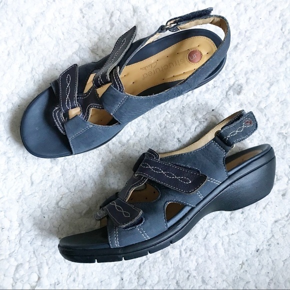 Clarks Unstructured Navy Suede and Metallic Purple Sandals Size 9N - Picture 1 of 12